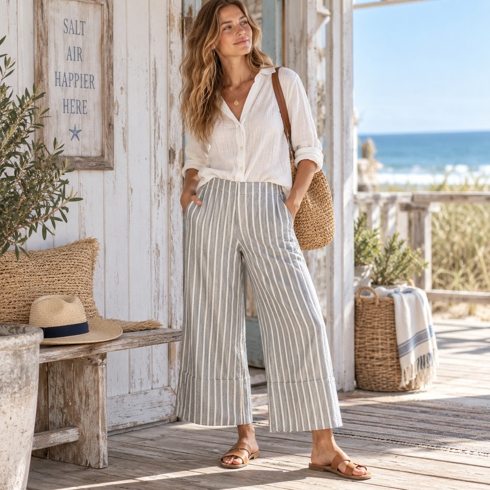 Pilcro Anthropologie Womens Striped Wide Leg Cropped Pants Sz 28 Sailor Coastal